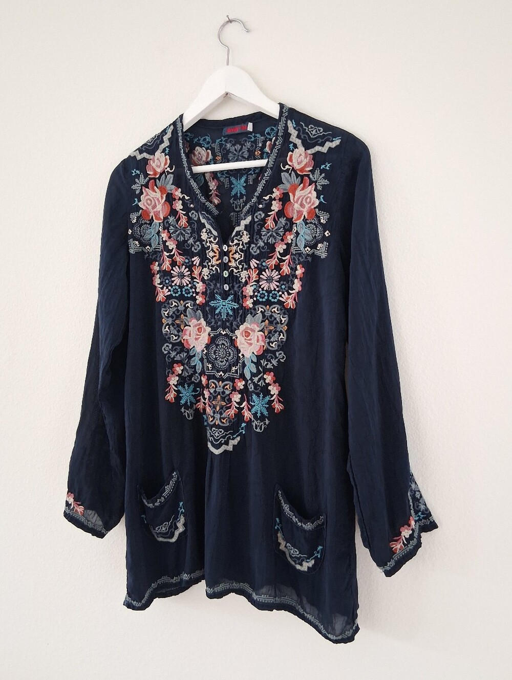 Johnny Was Floral Embroidery Pockets Tunic Top In Navy Blue Cupra Rayon